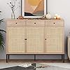 Sideboard cabinet with hand woven natural rattan doors rattan cabinet with 3 drawers accent buffet console table storage cabinet credenza for living room kitchen entryway naturalmetal legs  urban country home decor