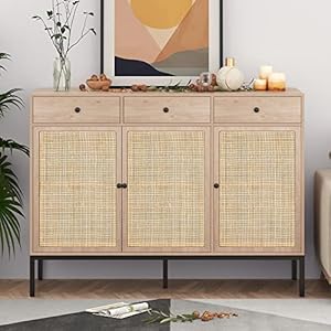 Sideboard Cabinet with Hand Woven Natural Rattan Doors Rattan Cabinet with 3 Drawers Accent Buffet Console Table Storage Cabinet Credenza for Living Room Kitchen Entryway NaturalMetal Legs