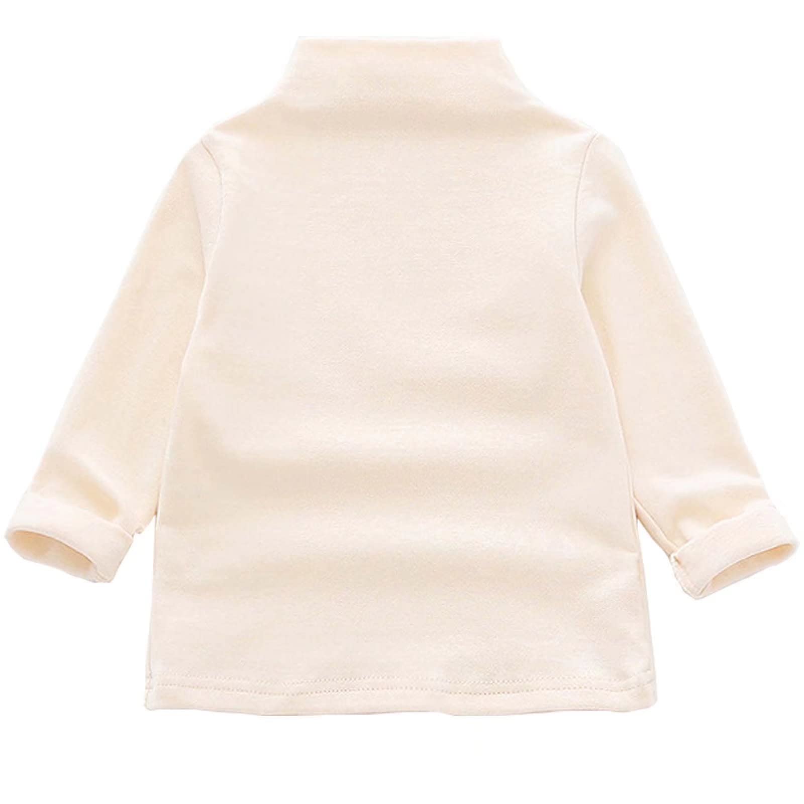 Hstyle Unisex Kids Baby Girls Cotton Solid Color Turtleneck T-Shirt Long Sleeve Tee Plain Stripe Tops Beige
