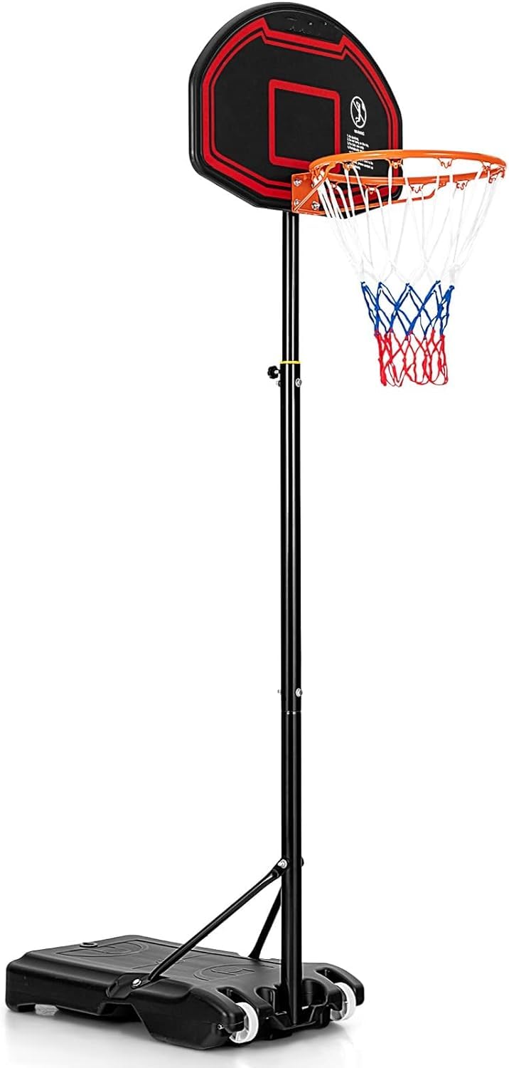 GYMAX Canasta de Baloncesto de 155 a 210 cm, Altura Ajustable con Red y Pared Trasera Irrompible, Cesta de Baloncesto Infantil con Base Rellenable y 2 Ruedas para Interior y Exterior