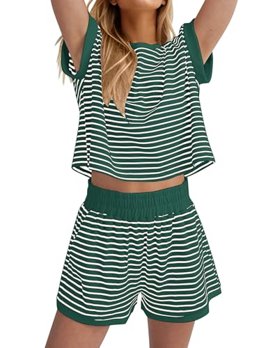 Image of MISSACTIVER 2 Piece Lounge Set Women Stripe Knit Short Sleeve Tee Shirts Shorts Casual Summer Loungewear Shorts Sets