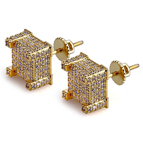 Hip Hop Iced Out Big Square Flat Screen Block Screw Back Stud Earring For Men and Women (Yellow Gold)