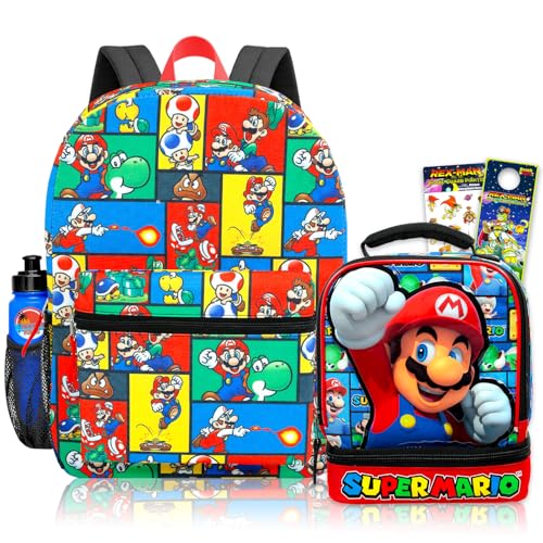 Super Mario Backpack and Lunchbox Set - Bundle with 16 School Bag Featuring Luigi Yoshi Toad Plus Lunch Box Stickers Water Bottle More | Super Mario School Bag for Boys Kids