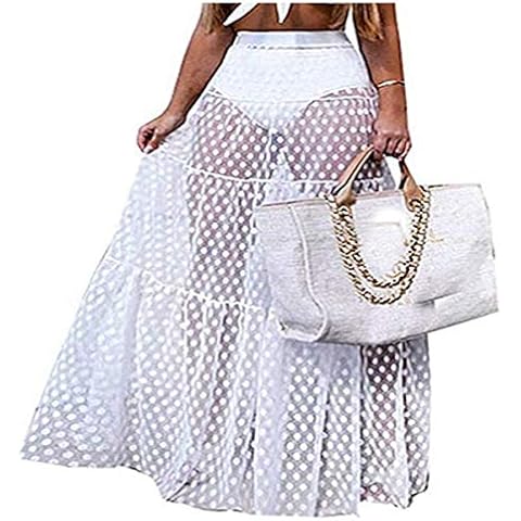 Kaizizi Womens Black Swim Wear One-Piece Suits Lace See Through Cover Up Beach Long Wrap Skirt Transparent Sarong Pareo Maxi Dress (B-White, L) Cover