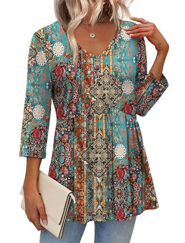 Image of OFEEFAN 3 /4 Length Sleeve Womens Tops 2026 Blouses for Women Dressy Casual Fashion Clothing V Neck Babydoll Tops Fall Outfits