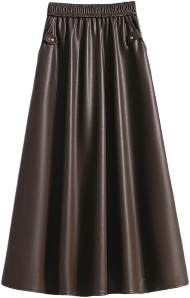 Women's Faux Leather Skirt Retro High Waisted Pleated Vintage Long A-line Midi Skirts with Pockets
