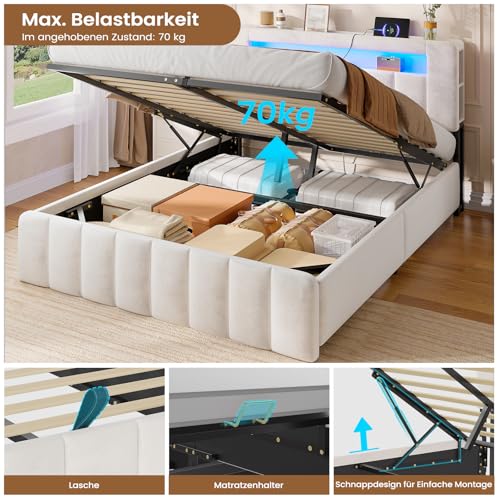 AOGLLATI Polsterbett 140x200 mit Stauraum,Hydraulisches Bett mit LED-Bleuchtung und Ladestation Jugendbett Doppelbett Bettgestell mit Kopfteil aus Samt-Ohne Matratze (Beige Samt, 140x200cm)