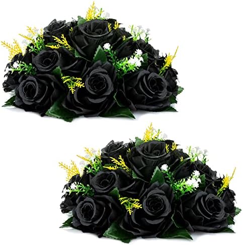 NUPTIO Black Roses Artificial Flowers Pcs of 2 Fake Flower Bouquet Black Hydrangea Flowers Artificial, 15 Heads Fake Roses with Base, Real Looking Black Artificial Flowers (Black)