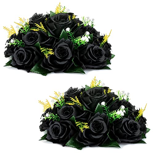 Nuptio Schwarze Rosen, Kunstblumen, 2 Sträuße, Kunstblumen, Blumenstrauß mit schwarzen Hortensien, 15 künstliche Rosen mit Stiel, echt aussehende Schwarze Kunstblumen (Schwarz)