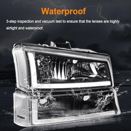 DimFlux LED DRL Headlight Compatible with 2003-2006 Chevy Silverado/ 2003-2006 Avalanche 1500 2500 Headlights Assembly Kit without Factory Cladding Models Black Housing Clear Reflector by DimFlux - Image 7