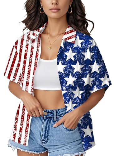 Image of Ithalt 4th of July Hawaiian Shirts Women American Flag Patriotic Short Sleeve Button Down Outfits Summer Vacation Tops