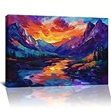 AIHNBF Colorido paisaje de montaña mural puesta de sol impresionista abstracto naturaleza lienzo para sala de estar oficina dormitorio colores vivos decoración 40 x 60 cm