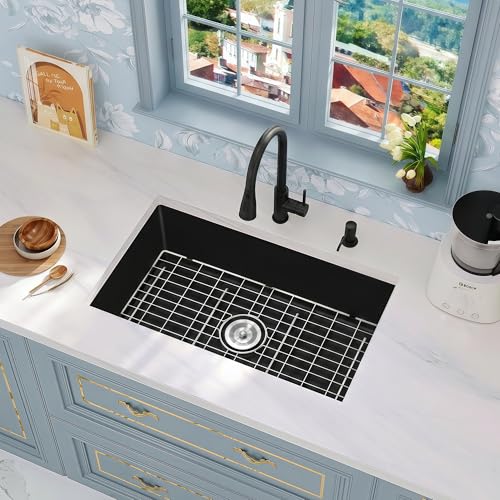Rhbamoa 30 inch Black Granite Composite Kitchen Sink,Matte