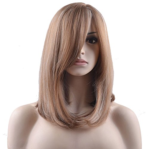 RightOn 18'' Medium/Shoulder Length Simulation Scalp Straight Wig for Women Girls Natural-looking Colors Hair With Wig Cap (Mixed Brown)