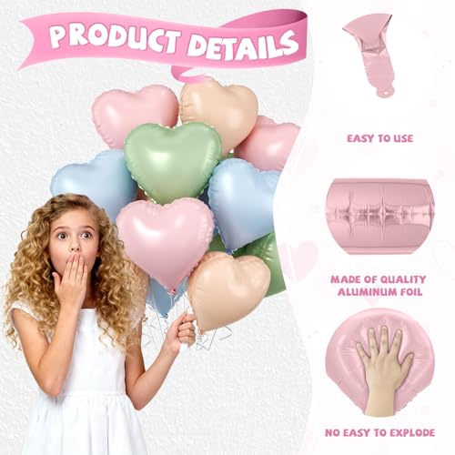 Image of Pink Blue Green Heart Balloons, 10 Pcs Pastel Heart Shaped Balloon, 18 Inch Baby Pink Blue Sage Green Foil Balloons for Boho Garden Wildflower Brithday Baby Shower Valentines Tea Party Decoration