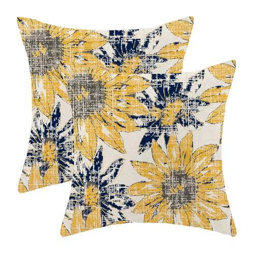 BETGINY Vintage Floral Pillow Covers 24 x 24 Inch Set of 2, Navy Blue Yellow Retro Sunflower Flowers Decorative Throw Pillow Covers Outdoor Linen Farmhouse Modern Art Pillowcases for Couch Sofa Decor