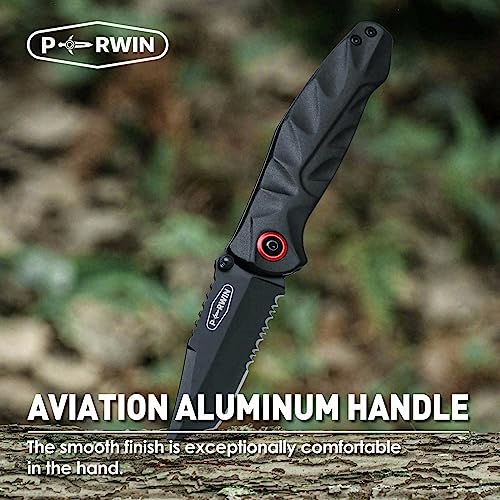 Perwin Pocket Knife, Edc Knife With 3.1" Serrated Clip Point Blade And Aluminum Handle Small Pocket Knives For Camping Fishing Hiking #TOP3