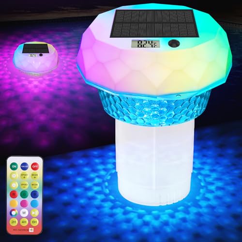 Solar Powered Pool Chlorine Floater with Digital Thermometer & LED Light Floating Chlorine Dispenser for 3 Chlorine Tablets (Tablets Not Included) Pool Thermometer for Inground & Above Ground Pools