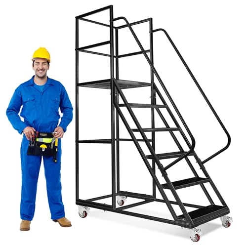 Image of 6 Step Rolling Ladder with Wheels, 1200LBS Capacity Industrial & Warehouse Rolling Stairs, Non-Slip Rolling Steps with Stair Edge Protector, Easy to Move Rolling Steps for Goods Shelves, Black