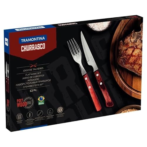 Miniatura 3 de Tramontina Juego De 12 Cubiertos Para Carne De Estilo Español, Con 6 Cuchillos De Carne Y 6 Tenedores, Acero Inoxidable, Mango De Madera Auténtica En Rojo, Fsc