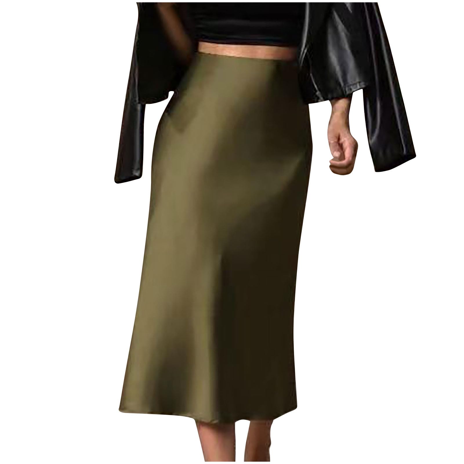 Womens Satin Causal High Waist Midi Skirts Bodycon Long Skirt Summer Fall Elegant Trendy Solid Color Skirts