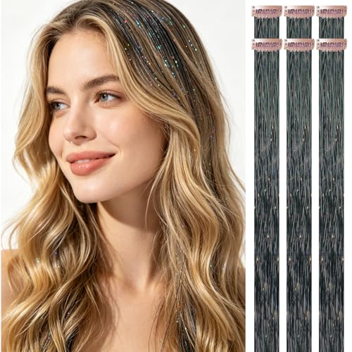 Handwig Pearl Black Glitter Hair 6 Pcs 24 Inch Clip In Hair Tinsel