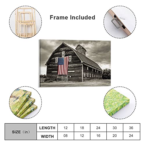 Black And White Farmhouse Barn American Flag Wall Art Canvas Painting Canvas Posters Prints Picture For Living Room Bedroom Office Kitchen Decor 24X36Inch(60X90Cm) Frame-Style #TOP1