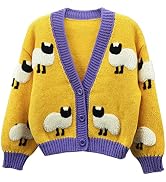 HOULENGS Women's Strawberry Print Button Down Long Sleeve V Neck Crop Cardigan Sweater