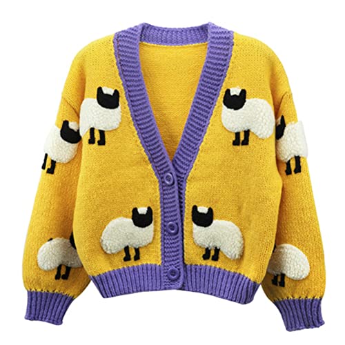 HOULENGS Womens Kawaii Strawberry Embroidered Button Down Cardigan Sweater Long Sleeve V Neck Knitted Crop Sweater Coat Yellow One Size