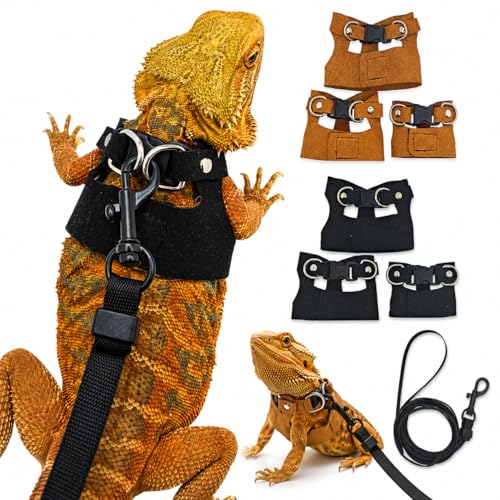 3 Pack Bearded Dragon Harness and Leash Set - Adjustable Soft Leather Vest with 6.89FT Retractable Lead Escape-Proof Lizard Walking Harness for Reptiles Squirrels & Small Pets (Black)