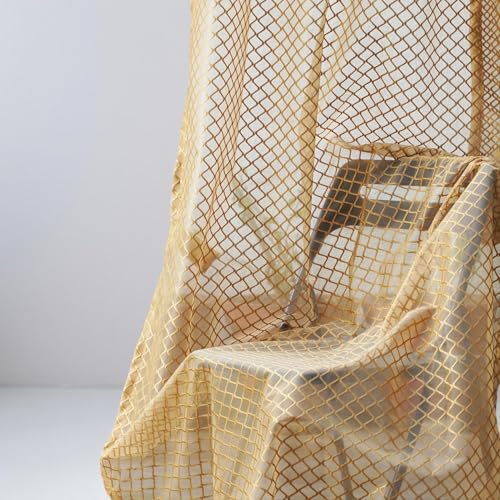 Image of IVAZA Heavy Premium Polyester Beautiful Moroccan Trellis Design Transparent Net Curtains | Modern Parde for Living Room Bedroom | Home Office Screens Door- 7 Feet (Pack of 1) Gold