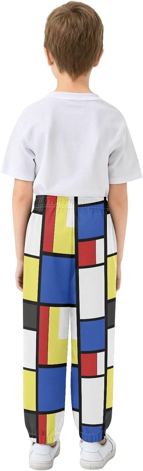 Boy Sweatpants Mondrian Color Blocks Joggers Casual Athletic Pants Kids Elastic Waist Cuffed with Pockets