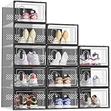 SIMPDIY Shoe Storage, 12 Pack Shoe Organizer for Closet, Shoe Boxes Clear Plastic Stackable Shoe Containers with Lids for Size 10, Black