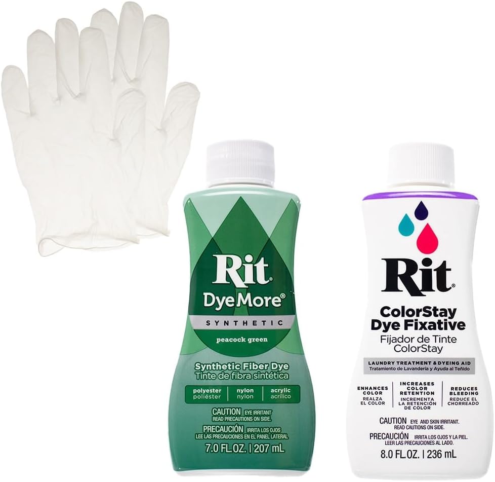 Rit Synthetic Liquid Dye with ColorStay Fixative Bundle – All in One Kit with Gloves to Reduce Color Bleed