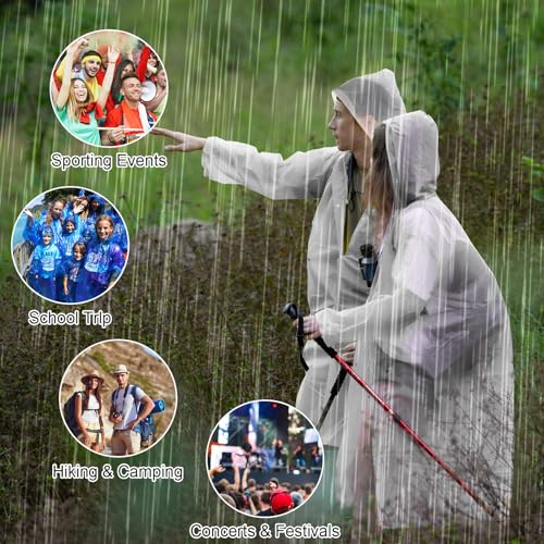 Hicarer 20 Pcs Rain Poncho for Adults Reusable Raincoats Emergency with Drawstring and Hood EVA Rain Jacket for Men Women
