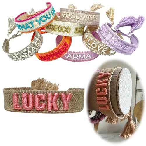 LS-LebenStil Exklusives Statement Armband - das Original - Lucky Beige Rosa 16-20cm Quasten besticktes Boho Canvas Webarmband Damen Freundschaftsarmband Geschenk gewebt textil Stoffarmband