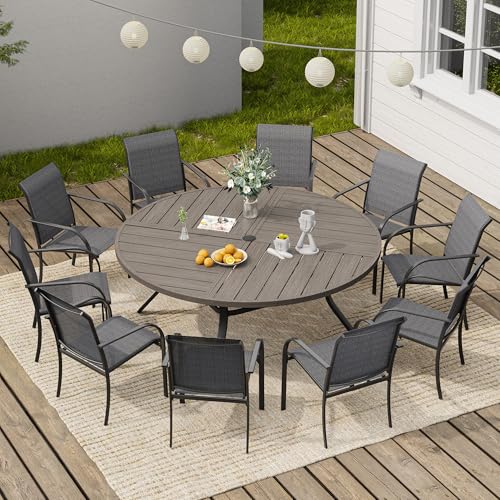 Image of VICLLAX 63 inch Round Outdoor Table, Patio Dining Table for 8-10 with Umbrella Hole for Garden Lawn Deck Backyard, Antique Grey