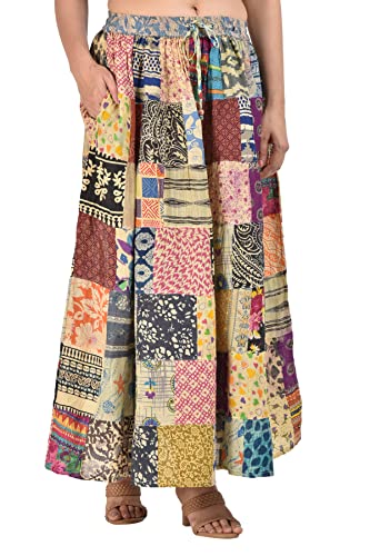 Women's Hippie Bohemian Patch Work All Time Hit Indian Cotton Gypsy Stylish Elastic Floral Print Maxi Long Skirts With Multicolor #TOP1