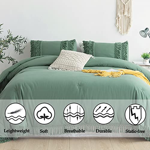 Cozytide Sage Green Boho Tassel Bedding King Comforter Sets 100% Washed Cotton Farmhouse Shabby Ruffle Trendy Indie Rustic Solid Aesthetic Bedding Duvet For King Bed 3Pcs Soft And Breathable #TOP1