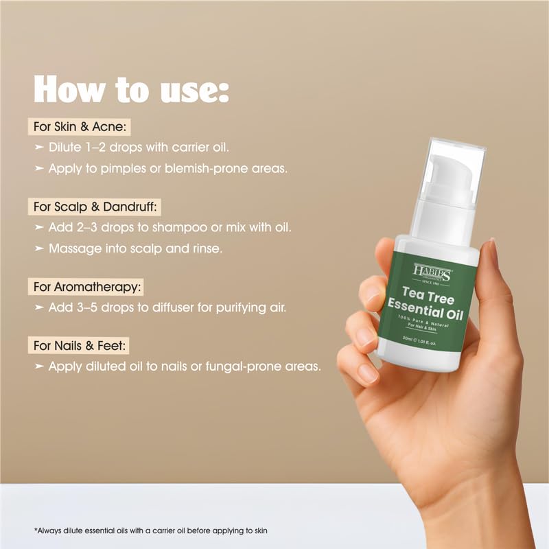 Image of Habibs Pure Tea Tree Essential Oil for Acne, Skin & Hair 100% Undiluted, Therapeutic Grade 30ML