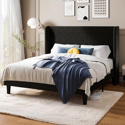Image of Allewie Queen Size Platform Bed with Corduroy Wingback Headboard, Black