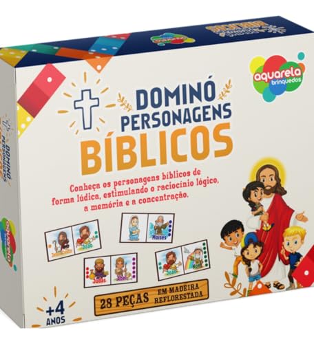 Dominó Personagens Bíblicos Infantil, 28 Peças em Madeira, Jogo Educativo, 4+ Anos