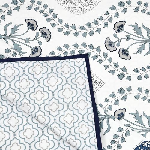 Image of BLOCKS OF INDIA Hand Block Printed Cotton Single Size Reversible Malmal Dohar for Summer (Royal Blue Motifs)