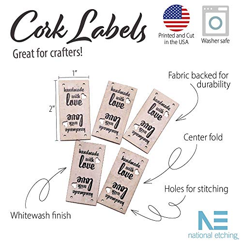 Cork Fabric Labels/Tags 1"x 2" whitewashed - Printed with Handmade with Love - Set of 5 - Thumbnail 5