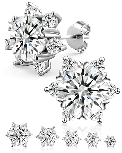 Moissanite Stud Earrings Set - D Color VVS1 Brilliant Round Cut Snowflake Design 18K White Gold Plated Copper Nickel-Free Multi-Size Earrings Timeless Jewelry for Any Occasion (Silver 6.5mm(1ct*2))