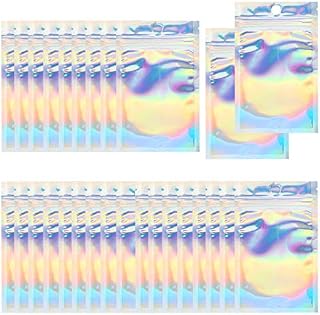 100pcs Mylar Ziplock Bags,4x3 Inch Smell Proof Ziplock Bags, Clear Resealable Foil Pouch Baggies,Holographic Packaging Bag for Candy Cookies Party Favor