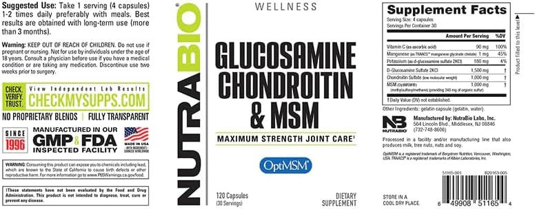 NutraBio Glucosamine Chondroitin & OptiMSM Supplement, Joint Support Formula - 120 Capsules (120 Count) - Image 3