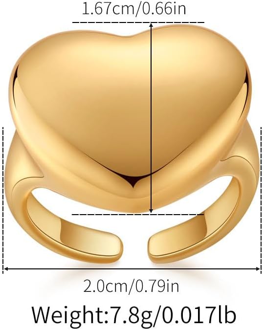 Chunky Thick Heart Statement Classical Ring for Women Open Band Stylish Stackable Wide Polished Gold Big Love Comfort Fit Knuckle Finger Rings Adjustable Wedding Promise Valentines Fashion Jewelry - Image 6
