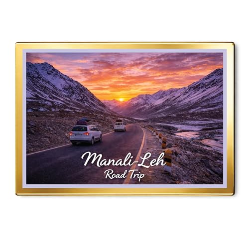 Image of Decorative Fridge Magnet with Glowing Border | Pack of 1 (Manali-Leh Road Trip, 4x3 inch - Golden Border)