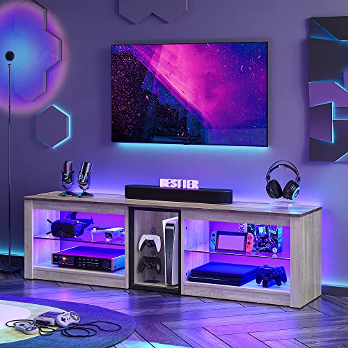 Bestier TV Stand for 70 inch TV, Gaming Entertainment Center for PS5, LED TV Cabinet with Glass Shelves for Living Room, 63'' Inch, Marble Black 63'' without Power Outlet Black Marble-no Out